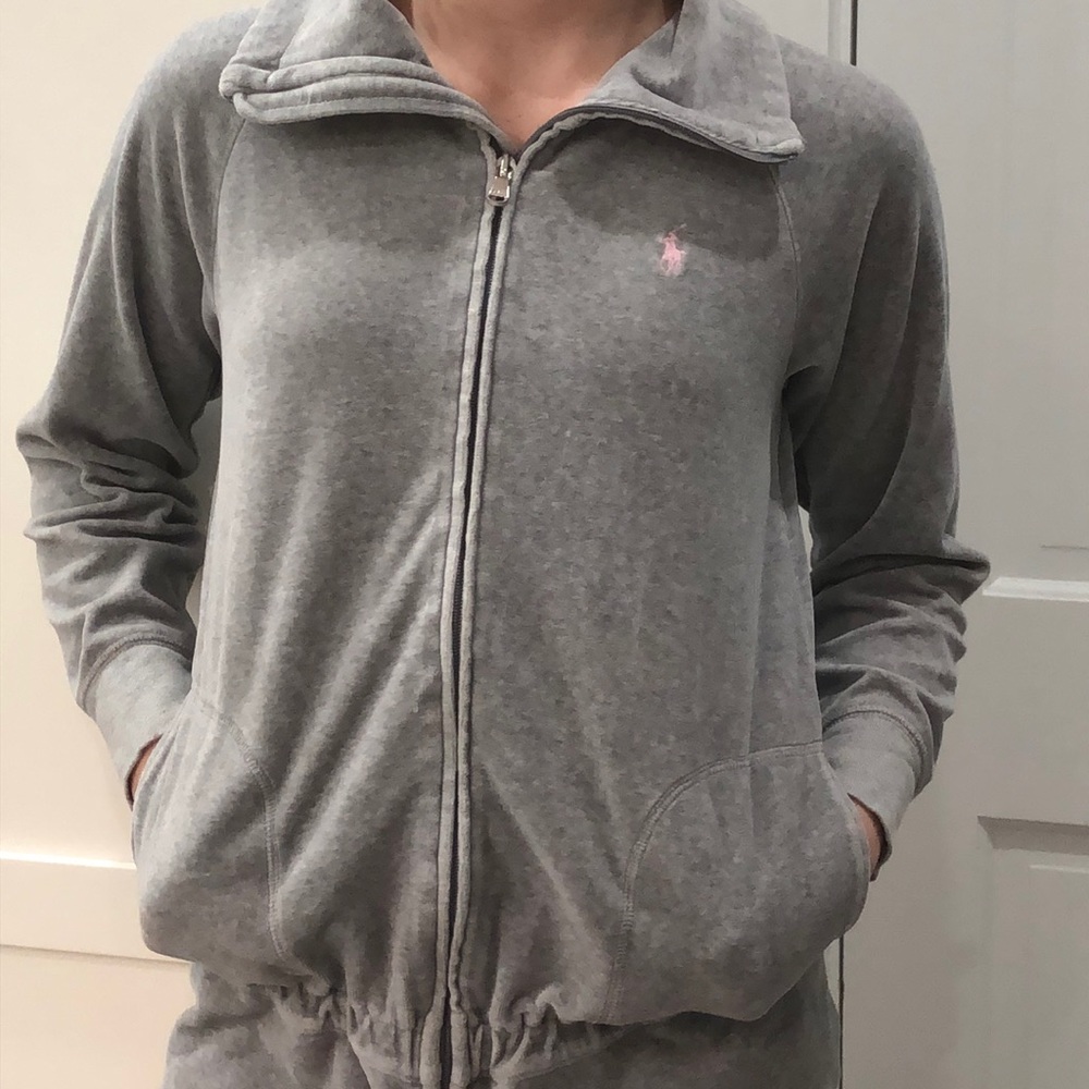 Ralph Lauren gray velour jacket with pink horse